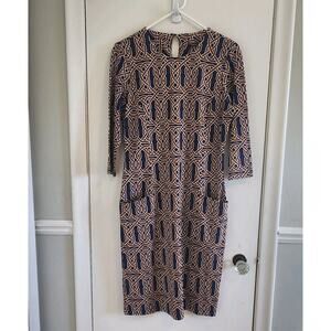 NEW J McLaughlin Dress Women's Small Blue & Brown Geometric Old Money